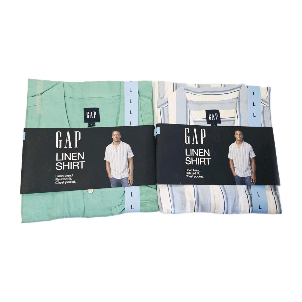 Gap Men's Short Sleeve Button-Up Linen Shirts Size L Blue/Green New‎